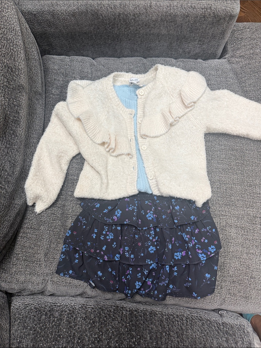 Girls 3-Piece Outfit Bundle – Floral Skirt, Blue Top & Ruffle Cardigan